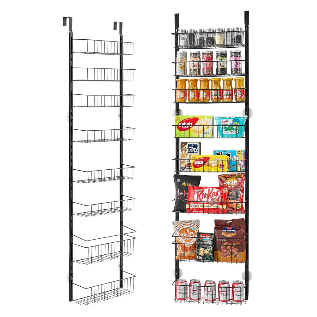 Black 8-tier over-the-door pantry organizer rack with wire baskets
