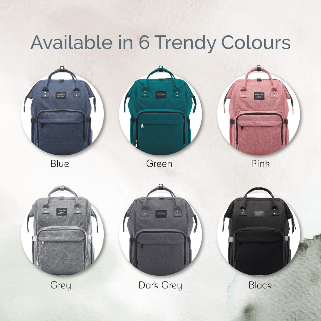 Diaper bag backpack set: blue, green, pink, gray, dark gray, black