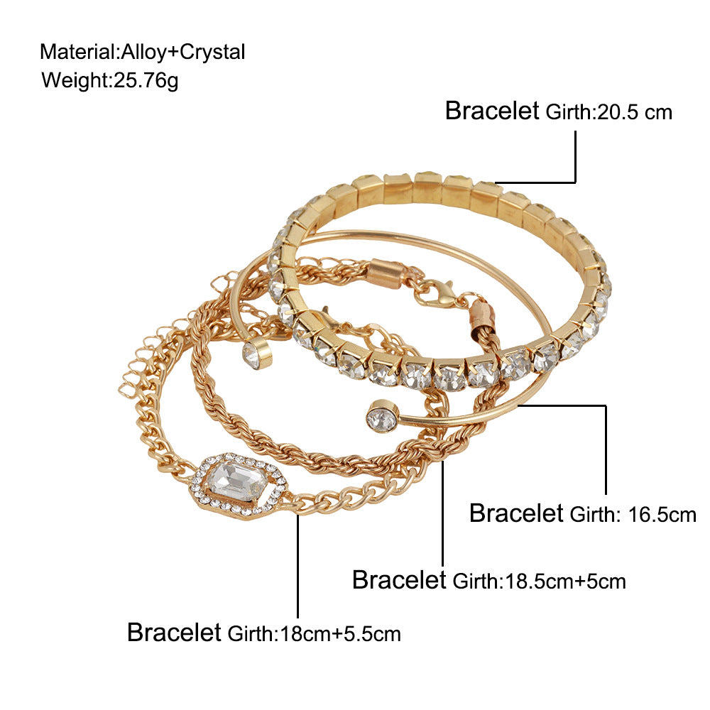 Gold-toned crystal bracelet set with layered bangles and chain bracelets with clear stones