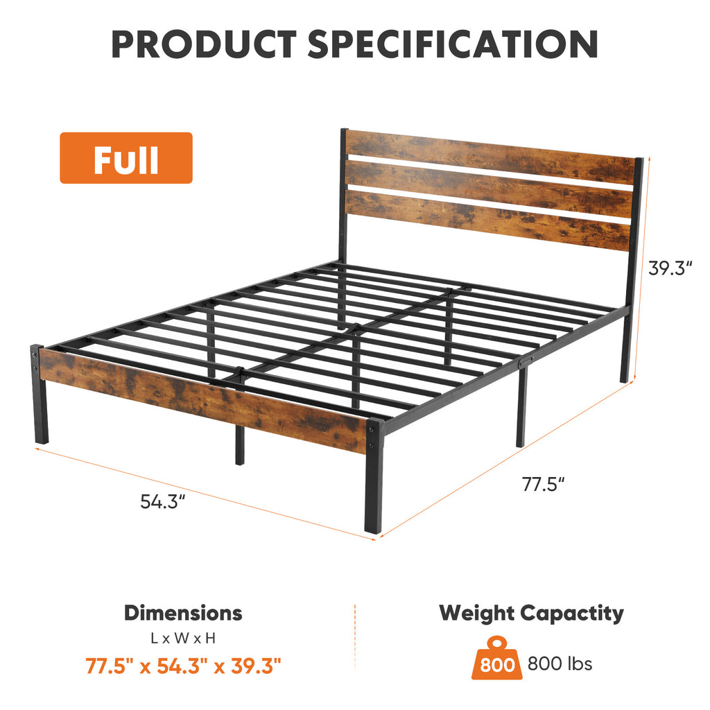 Bed frame product diagram for Full size with headboard and slatted base, woodgrain finish