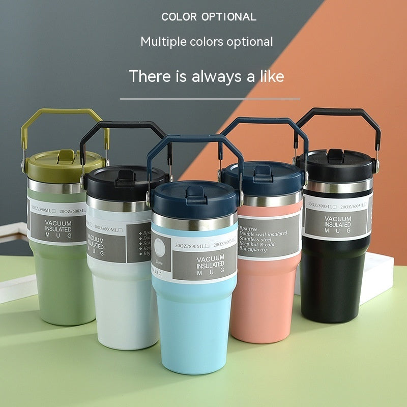 Vacuum insulated stainless steel travel tumblers with handles and lids, multiple colors