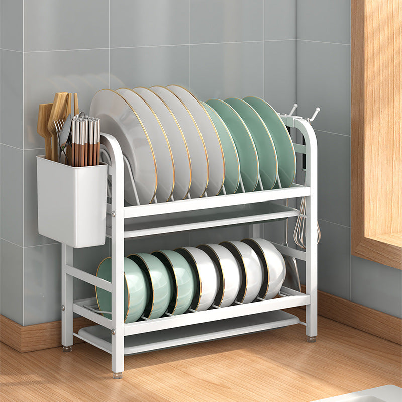 Double-Layer Kitchen Storage Rack — Dish Rack with Chopstick Canister & Hooks