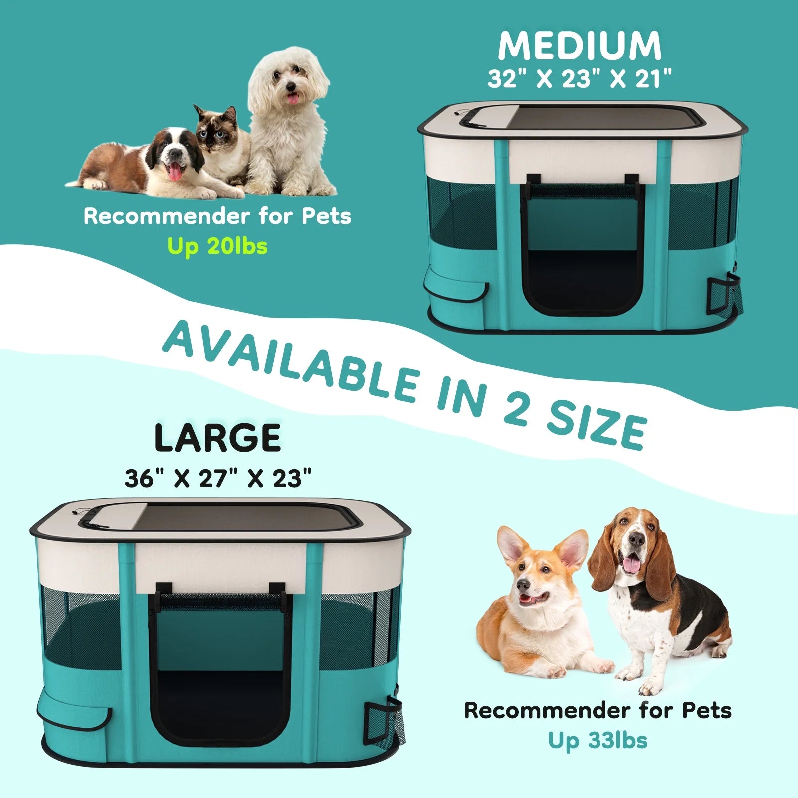 Teal and white pet playpen tent shown in two sizes with dogs resting nearby.
