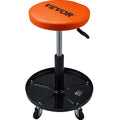 Orange cushioned seat rolling creeper stool with black swivel caster base