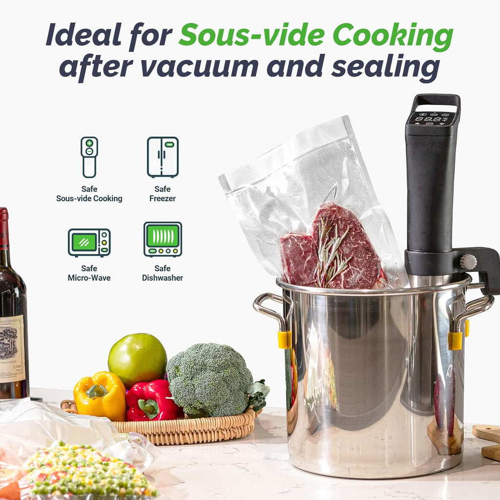 Clear vacuum-sealed bag of food with a vacuum sealer device