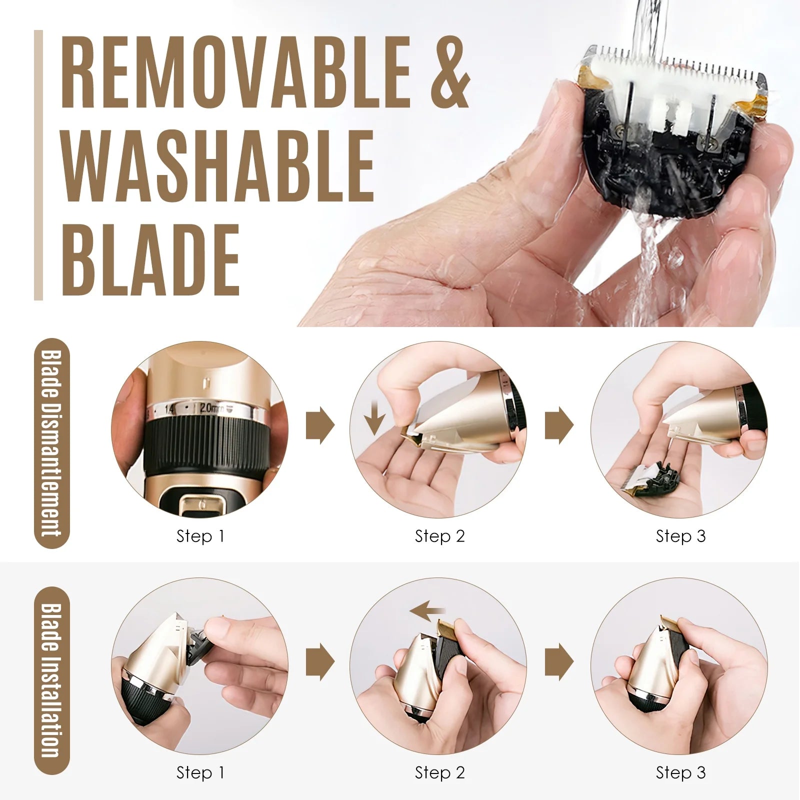 Washable grooming clipper blade with hands removing the blade assembly