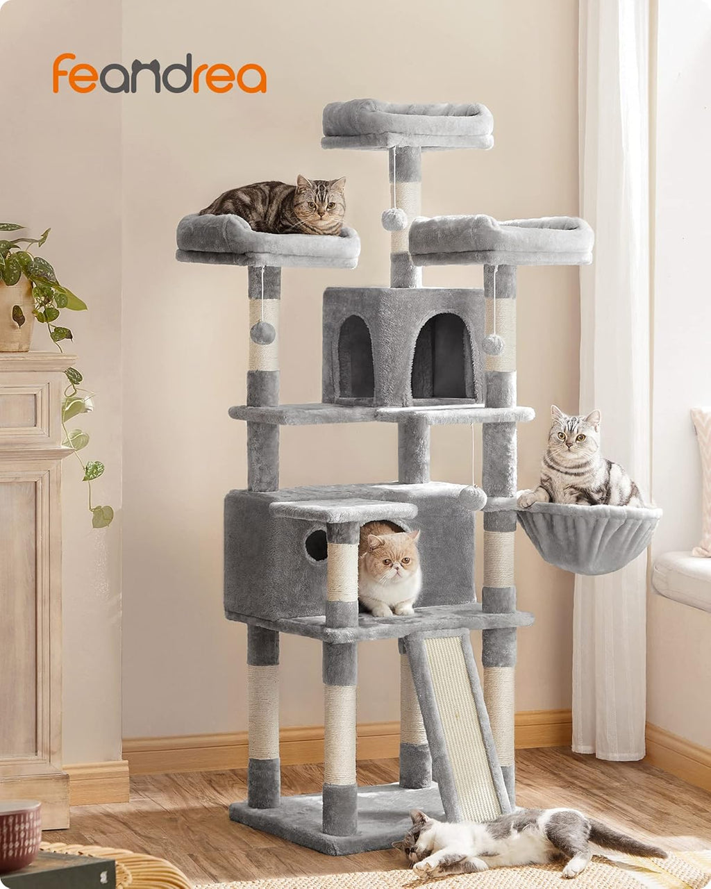 Light gray cat tree tower with stacked perches, cave openings, and side hanging hammock
