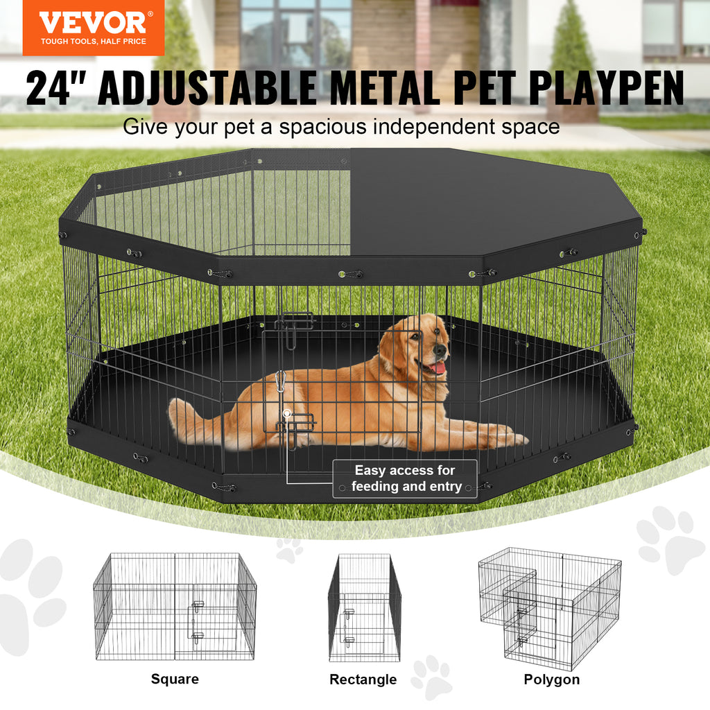Black foldable metal dog playpen with top cover and black mat, dog lying inside