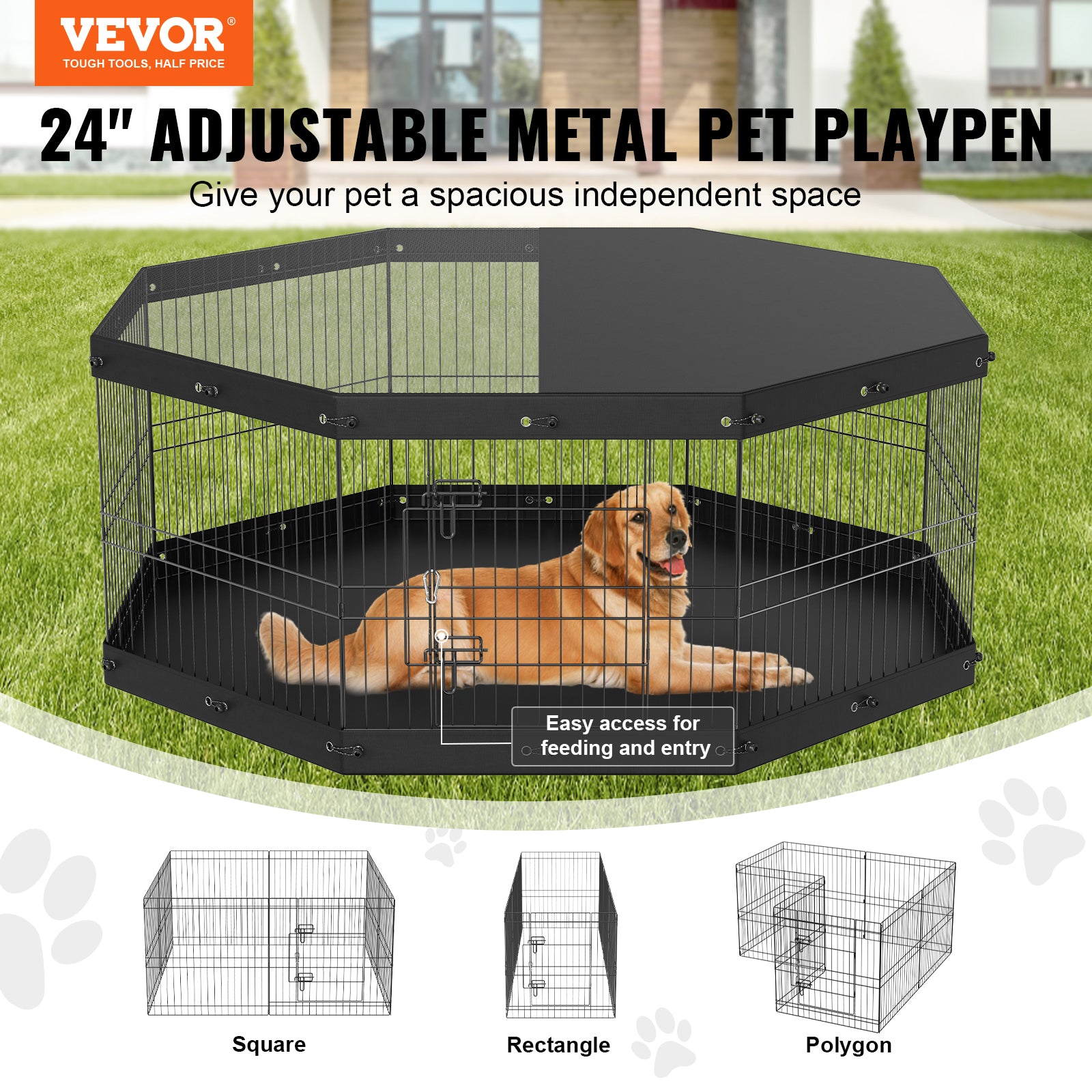 Black foldable metal dog playpen with top cover and black mat, dog lying inside