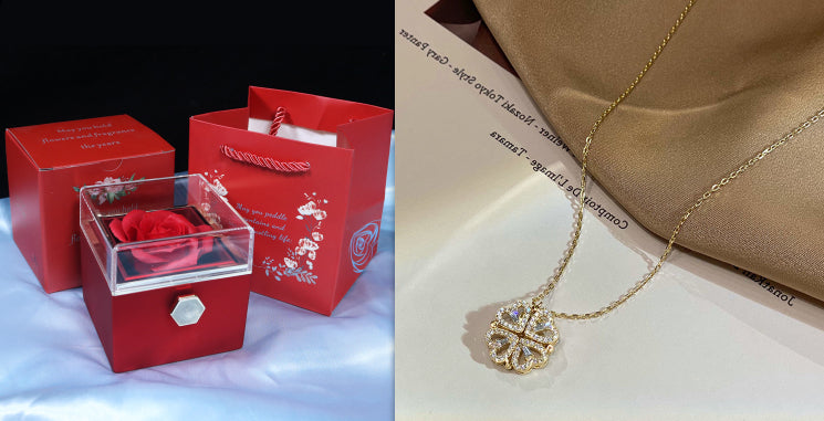 Gold clover-heart necklace with four-leaf clover crystal pendant on chain