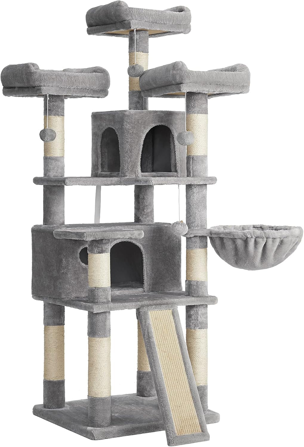 Light gray cat tree tower with plush platforms, cave openings, perches, and scratching posts