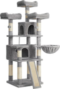 Light gray cat tree tower with plush platforms, cave openings, perches, and scratching posts