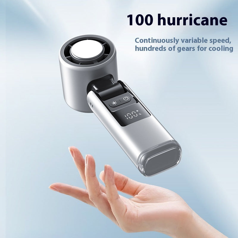 Mini turbo handheld fan, silver body with black grip and digital display on top