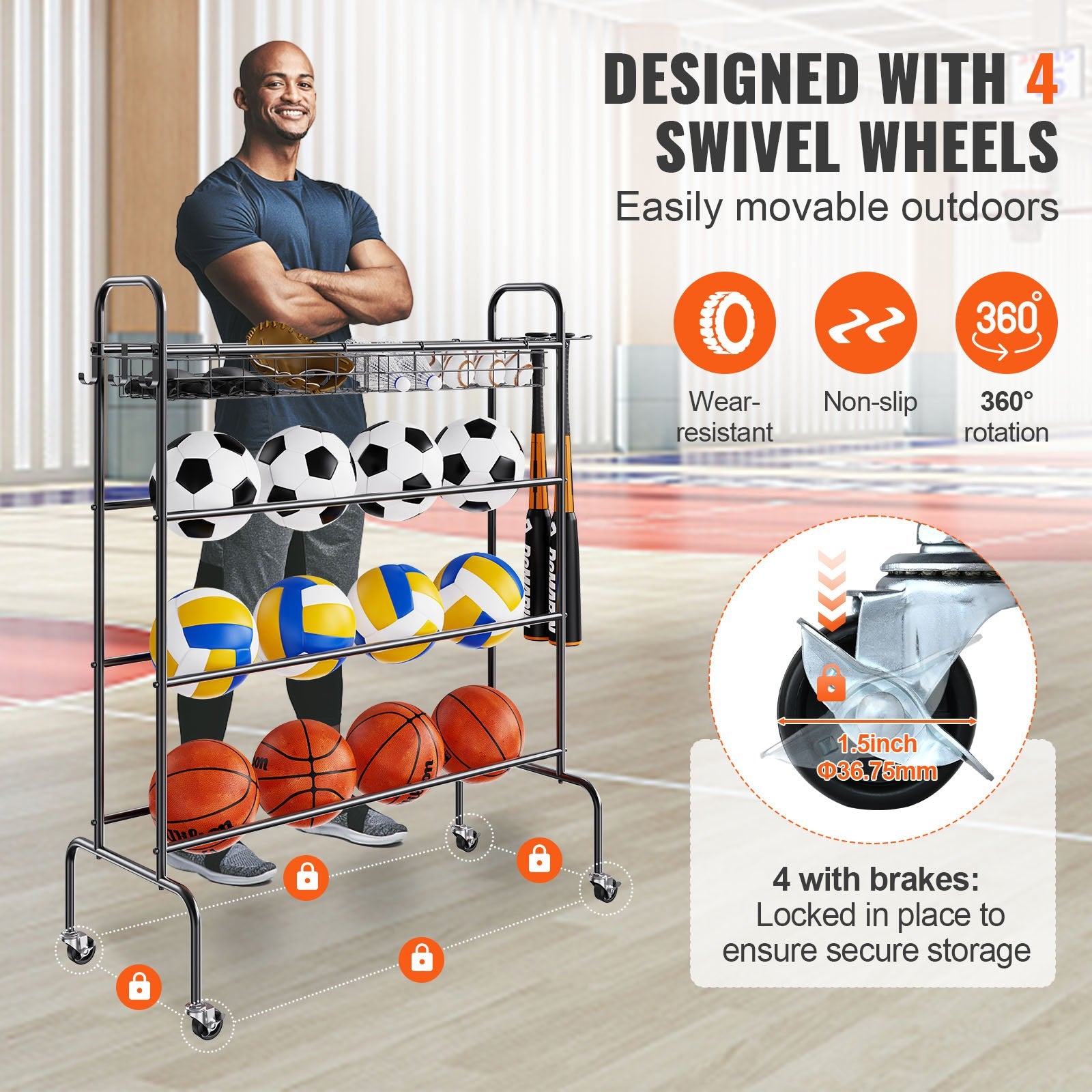 4-tier sports ball storage rack with four swivel wheels, locking brakes, and hanging hooks