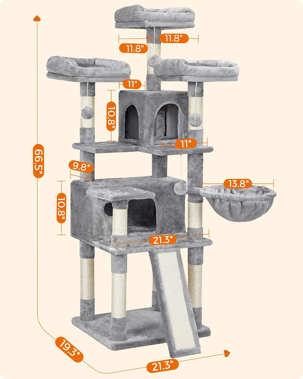 Light gray multi-level cat tree with stacked platforms, cave openings, and side hammock