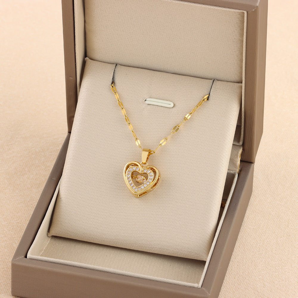 Gold-tone double-layer love heart pendant necklace with rhinestone heart charm