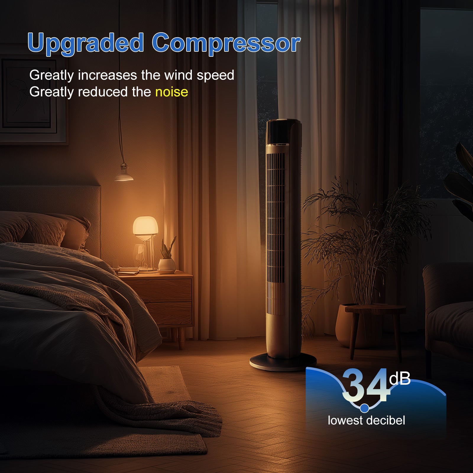 Tower cooling fan with black top and vertical grille, standing on round base