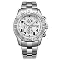 Stainless steel chronograph watch with white dial and black subdials, metal link bracelet
