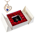 Jewelry box gift set with blue heart necklace pendant and red rose display in open box