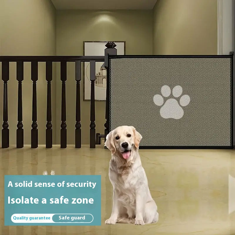 Gray mesh pet playpen gate with paw logo and black frame, set up indoors