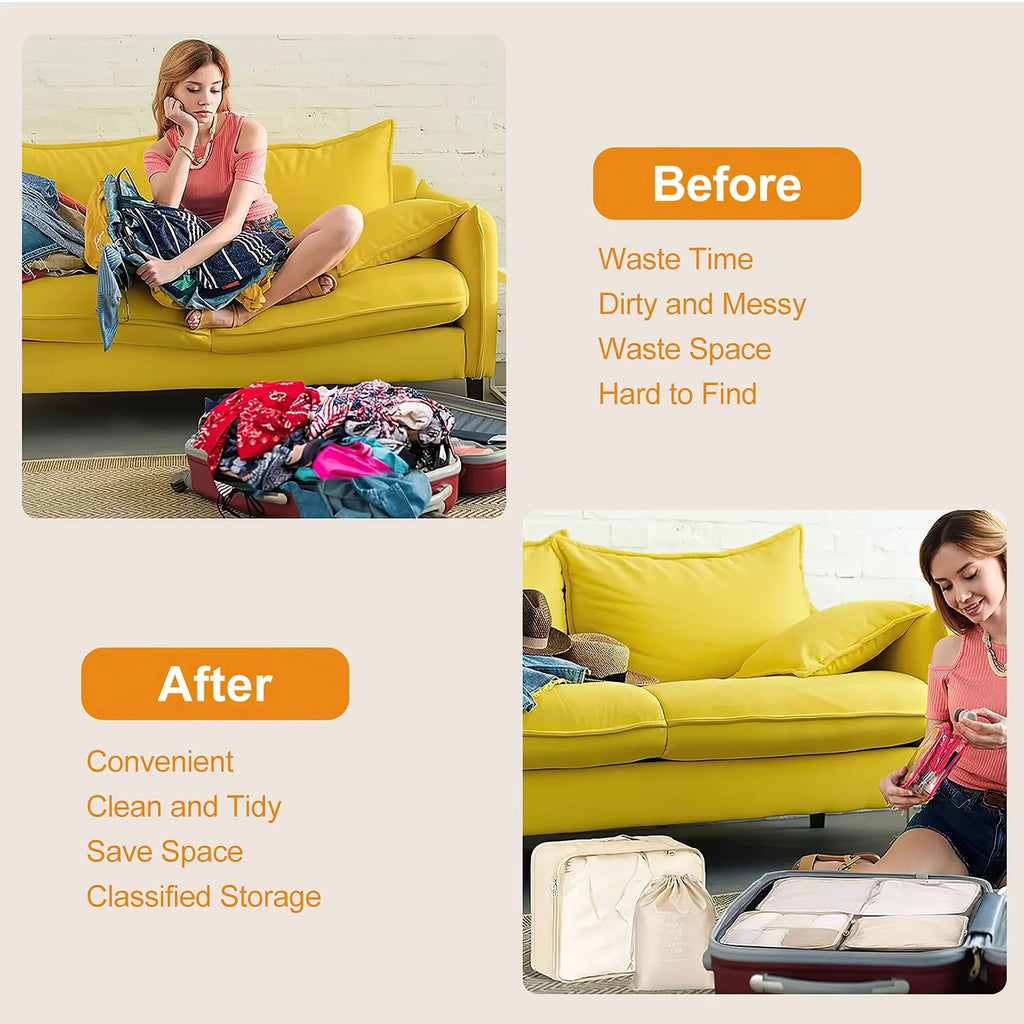 Beige packing cubes and toiletries bag neatly arranged inside a suitcase